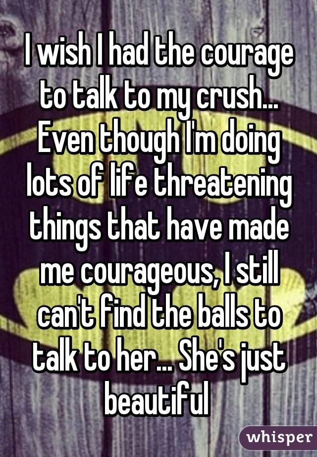 I wish I had the courage to talk to my crush... Even though I'm doing lots of life threatening things that have made me courageous, I still can't find the balls to talk to her... She's just beautiful 