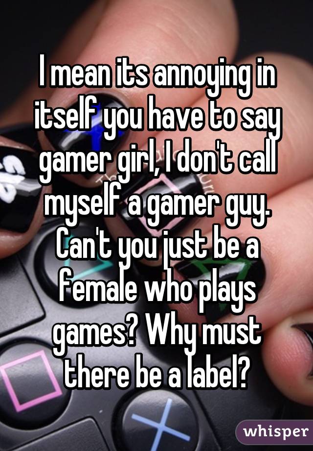 I mean its annoying in itself you have to say gamer girl, I don't call myself a gamer guy. Can't you just be a female who plays games? Why must there be a label?