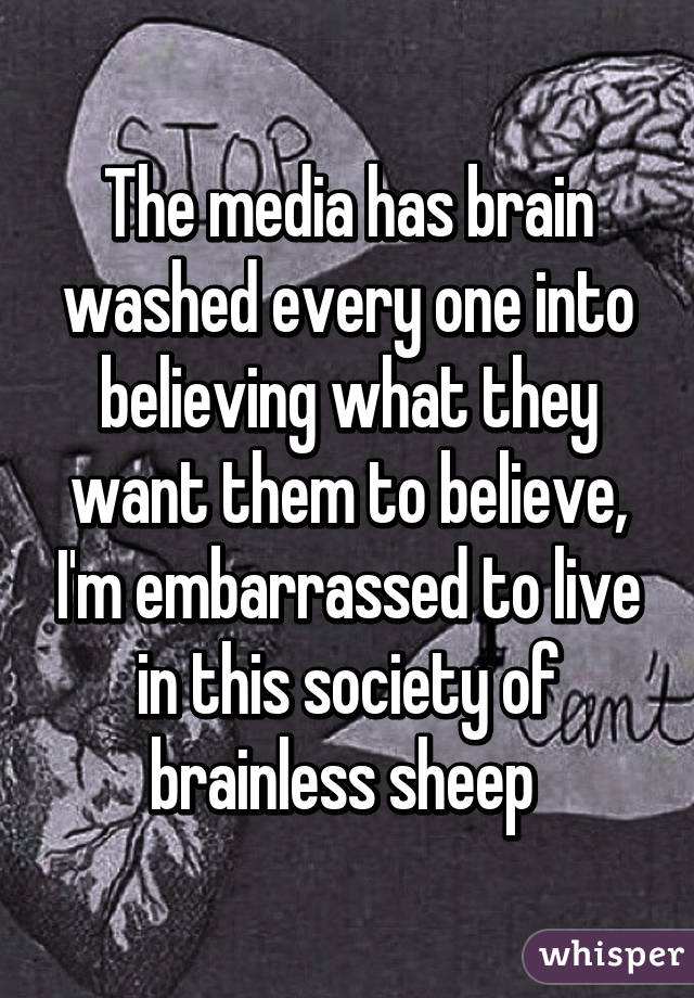 The media has brain washed every one into believing what they want them to believe, I'm embarrassed to live in this society of brainless sheep 