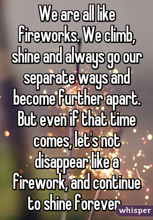 We are all like fireworks. We climb, shine and always go our separate ways and become further apart. But even if that time comes, let's not disappear like a firework, and continue to shine forever. 