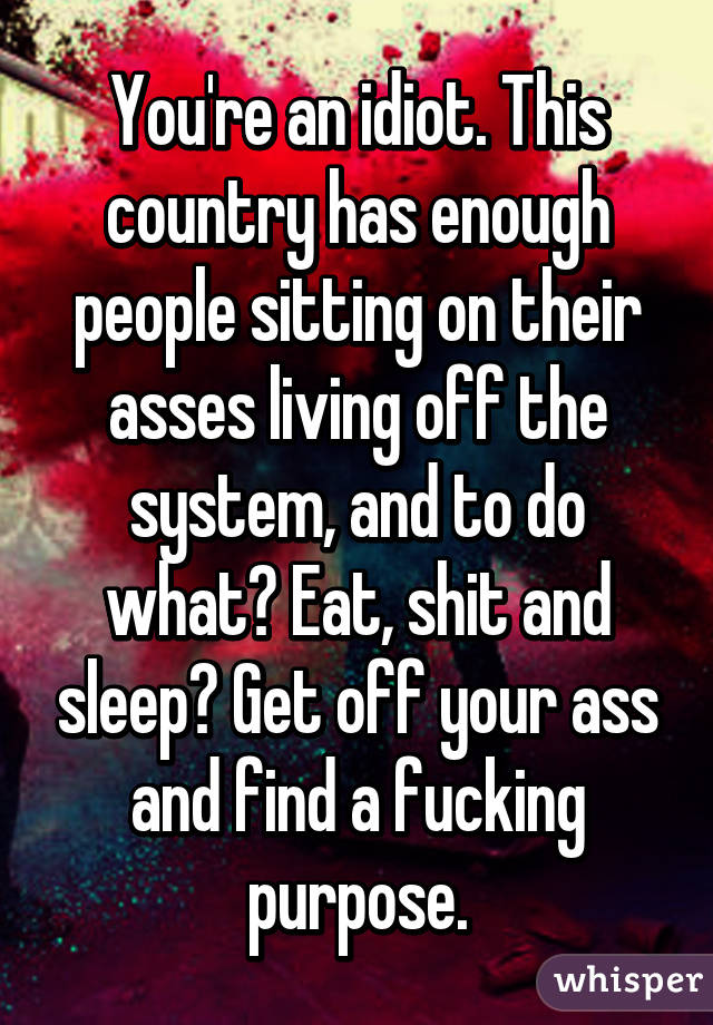 You're an idiot. This country has enough people sitting on their asses living off the system, and to do what? Eat, shit and sleep? Get off your ass and find a fucking purpose.