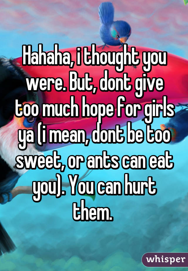 Hahaha, i thought you were. But, dont give too much hope for girls ya (i mean, dont be too sweet, or ants can eat you). You can hurt them. 