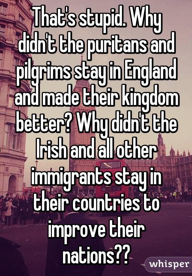 That's stupid. Why didn't the puritans and pilgrims stay in England and made their kingdom better? Why didn't the Irish and all other immigrants stay in their countries to improve their nations??