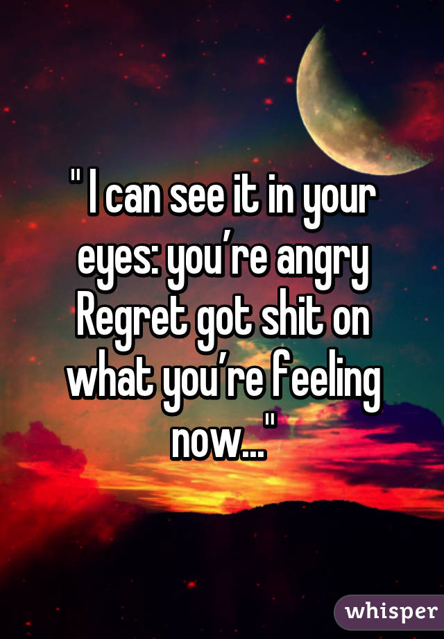 " I can see it in your eyes: you’re angry
Regret got shit on what you’re feeling now..."