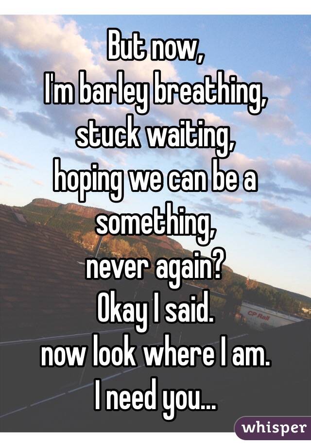 But now,
I'm barley breathing,
stuck waiting, 
hoping we can be a something,
never again? 
Okay I said.
now look where I am.
I need you...