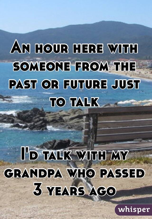 An hour here with someone from the past or future just to talk 


I'd talk with my grandpa who passed 3 years ago