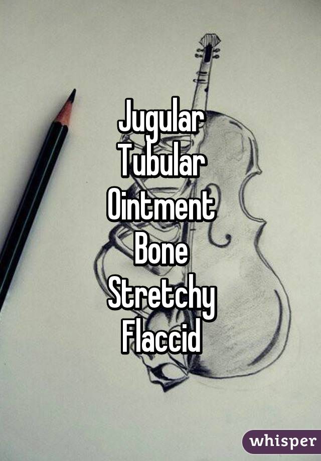 Jugular
Tubular
Ointment
Bone
Stretchy
Flaccid