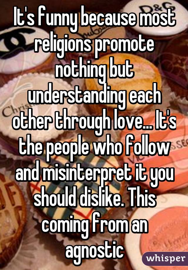 It's funny because most religions promote nothing but understanding each other through love... It's the people who follow and misinterpret it you should dislike. This coming from an agnostic