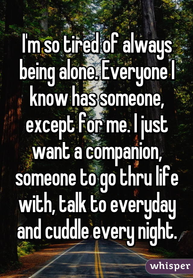 I'm so tired of always being alone. Everyone I know has someone, except for me. I just want a companion, someone to go thru life with, talk to everyday and cuddle every night.