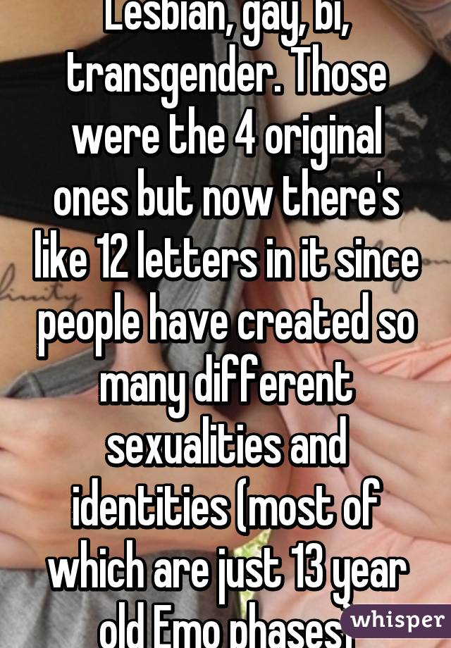 Lesbian, gay, bi, transgender. Those were the 4 original ones but now there's like 12 letters in it since people have created so many different sexualities and identities (most of which are just 13 year old Emo phases)