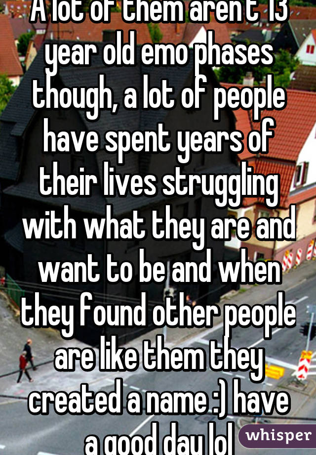 A lot of them aren't 13 year old emo phases though, a lot of people have spent years of their lives struggling with what they are and want to be and when they found other people are like them they created a name :) have a good day lol