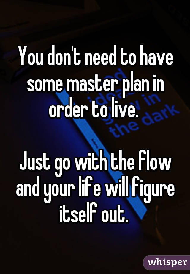 You don't need to have some master plan in order to live. 

Just go with the flow and your life will figure itself out. 