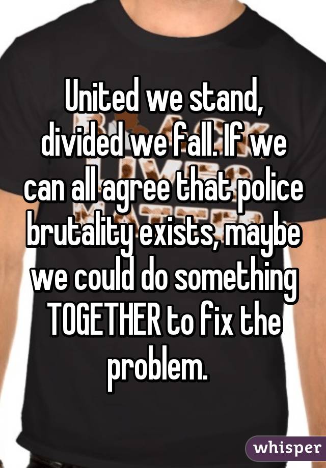 United we stand, divided we fall. If we can all agree that police brutality exists, maybe we could do something TOGETHER to fix the problem.  