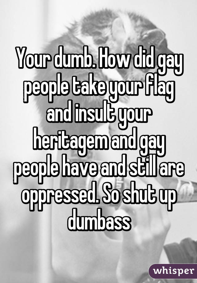 Your dumb. How did gay people take your flag and insult your heritagem and gay people have and still are oppressed. So shut up dumbass