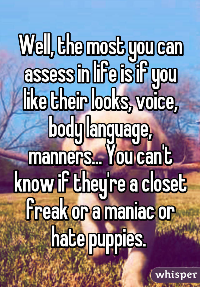 Well, the most you can assess in life is if you like their looks, voice, body language, manners... You can't know if they're a closet freak or a maniac or hate puppies. 