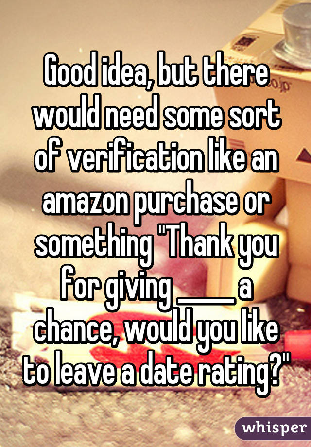 Good idea, but there would need some sort of verification like an amazon purchase or something "Thank you for giving _____ a chance, would you like to leave a date rating?"