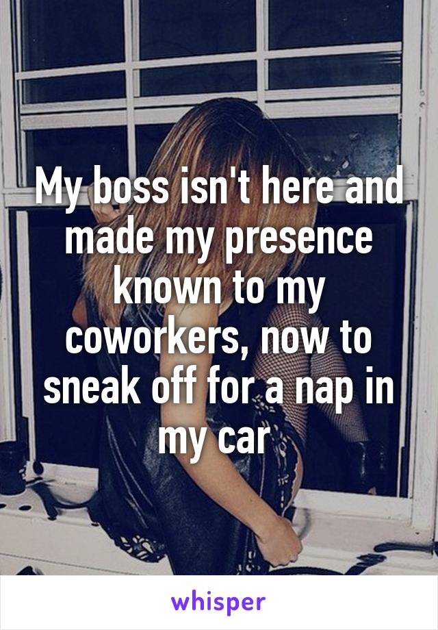 My boss isn't here and made my presence known to my coworkers, now to sneak off for a nap in my car 