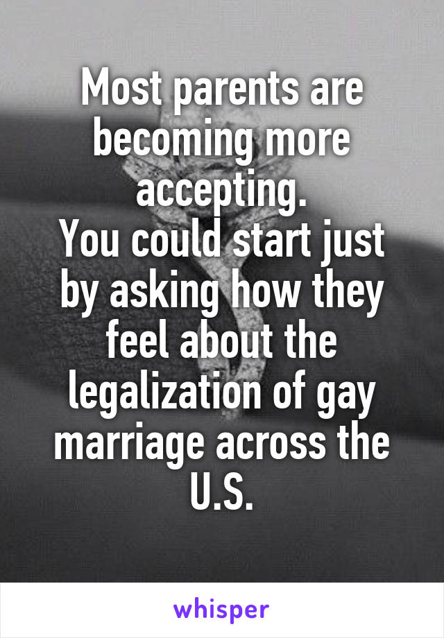 Most parents are becoming more accepting.
You could start just by asking how they feel about the legalization of gay marriage across the U.S.
