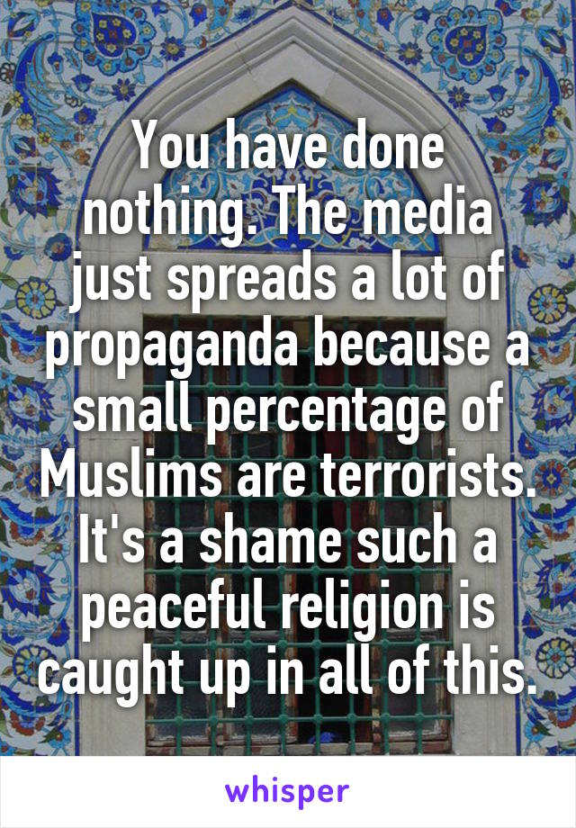 You have done nothing. The media just spreads a lot of propaganda because a small percentage of Muslims are terrorists. It's a shame such a peaceful religion is caught up in all of this.