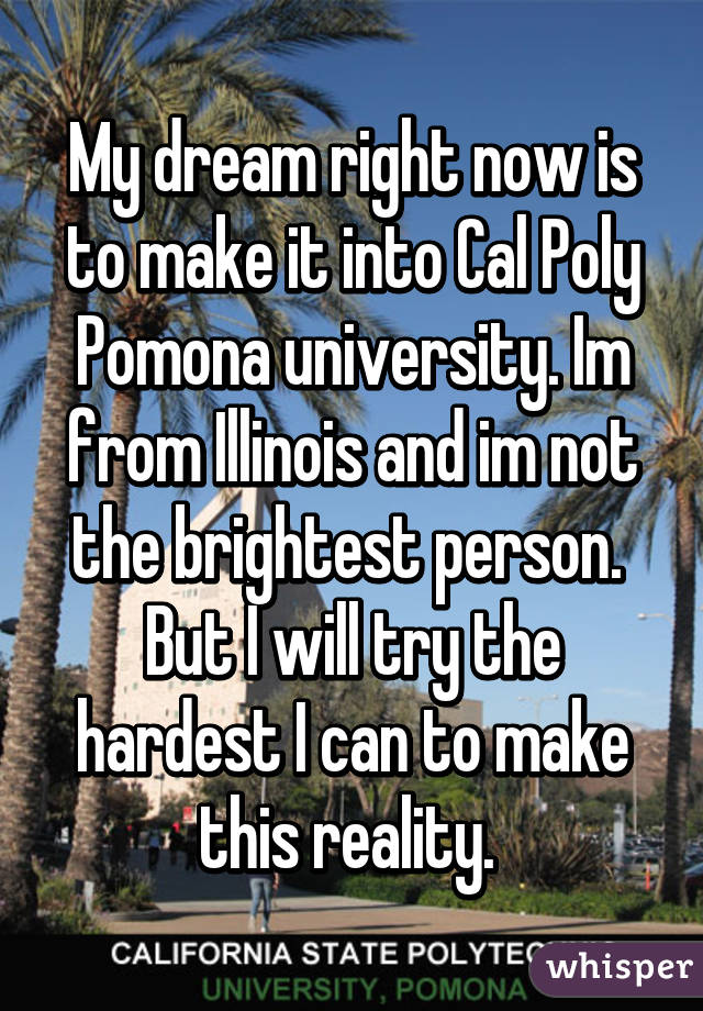 My dream right now is to make it into Cal Poly Pomona university. Im from Illinois and im not the brightest person.  But I will try the hardest I can to make this reality. 