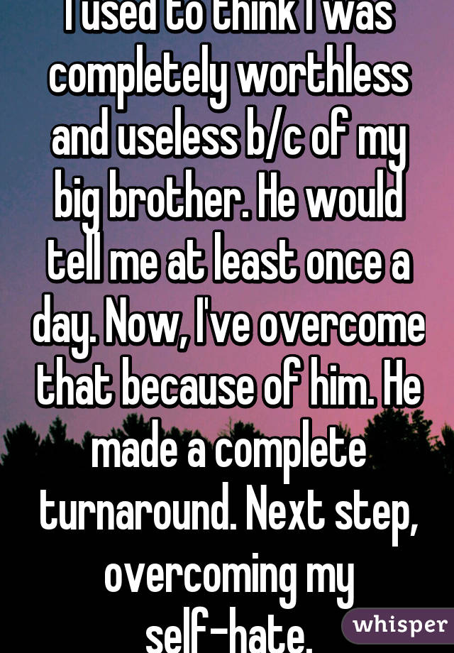 I used to think I was completely worthless and useless b/c of my big brother. He would tell me at least once a day. Now, I've overcome that because of him. He made a complete turnaround. Next step, overcoming my self-hate.