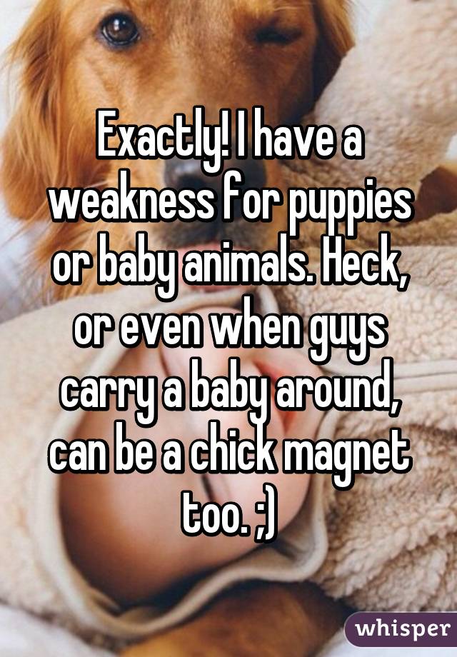 Exactly! I have a weakness for puppies or baby animals. Heck, or even when guys carry a baby around, can be a chick magnet too. ;)