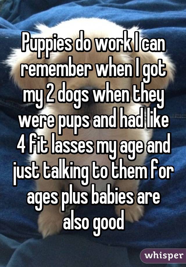 Puppies do work I can remember when I got my 2 dogs when they were pups and had like 4 fit lasses my age and just talking to them for ages plus babies are also good