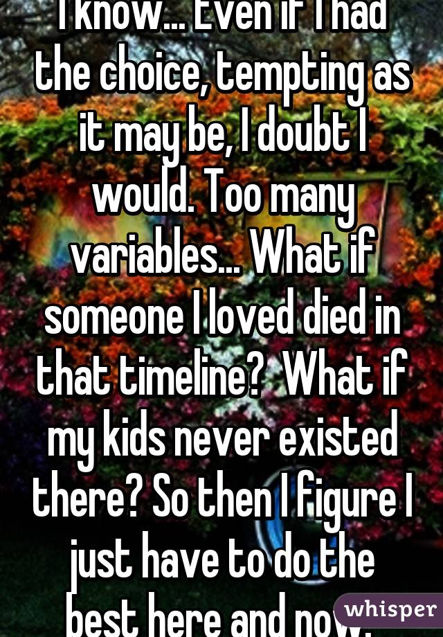 I know... Even if I had the choice, tempting as it may be, I doubt I would. Too many variables... What if someone I loved died in that timeline?  What if my kids never existed there? So then I figure I just have to do the best here and now. 