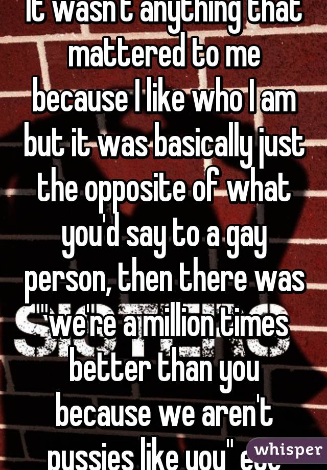 It wasn't anything that mattered to me because I like who I am but it was basically just the opposite of what you'd say to a gay person, then there was "we're a million times better than you because we aren't pussies like you" etc