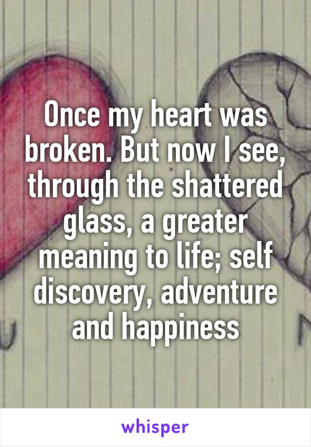 Once my heart was broken. But now I see, through the shattered glass, a greater meaning to life; self discovery, adventure and happiness
