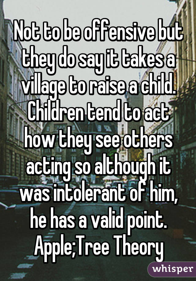 Not to be offensive but they do say it takes a village to raise a child. Children tend to act how they see others acting so although it was intolerant of him, he has a valid point. Apple;Tree Theory