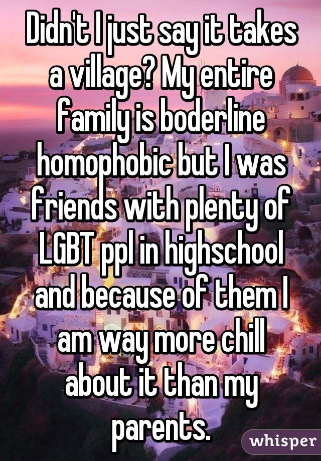 Didn't I just say it takes a village? My entire family is boderline homophobic but I was friends with plenty of LGBT ppl in highschool and because of them I am way more chill about it than my parents.