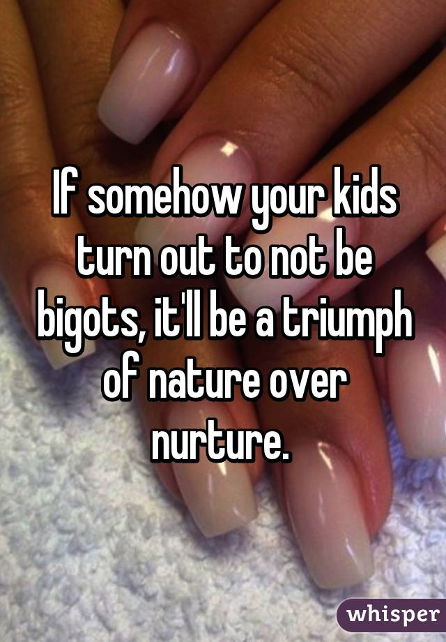 If somehow your kids turn out to not be bigots, it'll be a triumph of nature over nurture. 