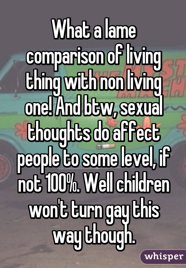 What a lame comparison of living thing with non living one! And btw, sexual thoughts do affect people to some level, if not 100%. Well children won't turn gay this way though.