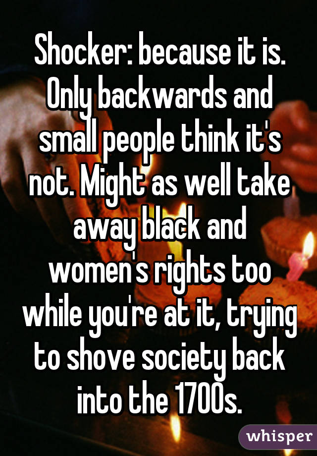 Shocker: because it is. Only backwards and small people think it's not. Might as well take away black and women's rights too while you're at it, trying to shove society back into the 1700s.