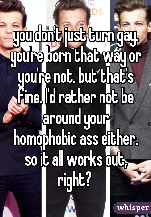 you don't just turn gay. you're born that way or you're not. but that's fine. I'd rather not be around your homophobic ass either. so it all works out, right? 