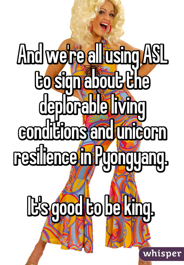 And we're all using ASL to sign about the deplorable living conditions and unicorn resilience in Pyongyang. 

It's good to be king. 