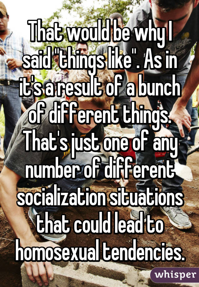 That would be why I said "things like". As in it's a result of a bunch of different things. That's just one of any number of different socialization situations that could lead to homosexual tendencies.