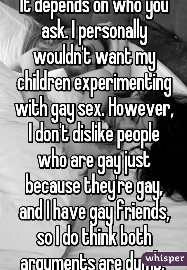 It depends on who you ask. I personally wouldn't want my children experimenting with gay sex. However, I don't dislike people who are gay just because they're gay, and I have gay friends, so I do think both arguments are dumb. 