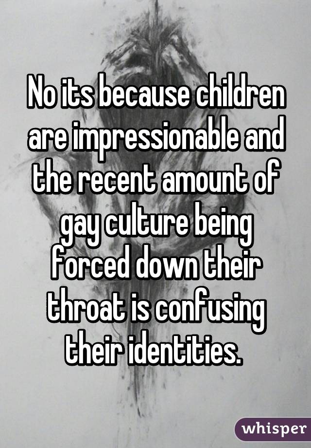 No its because children are impressionable and the recent amount of gay culture being forced down their throat is confusing their identities. 