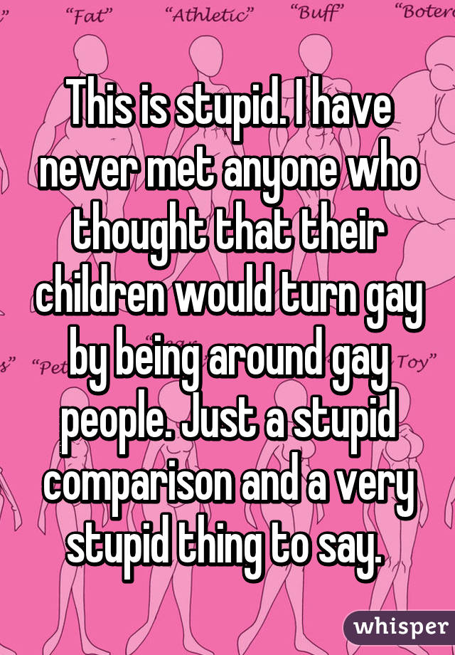 This is stupid. I have never met anyone who thought that their children would turn gay by being around gay people. Just a stupid comparison and a very stupid thing to say. 