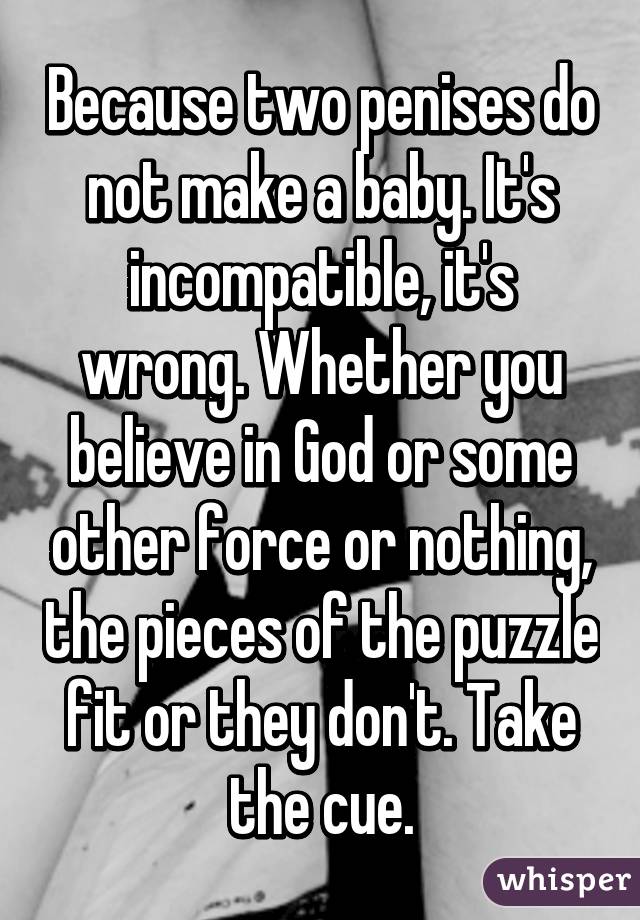 Because two penises do not make a baby. It's incompatible, it's wrong. Whether you believe in God or some other force or nothing, the pieces of the puzzle fit or they don't. Take the cue.