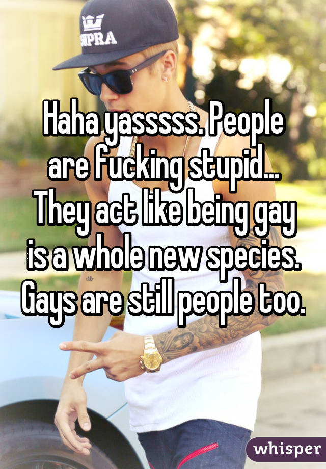 Haha yasssss. People are fucking stupid... They act like being gay is a whole new species. Gays are still people too. 