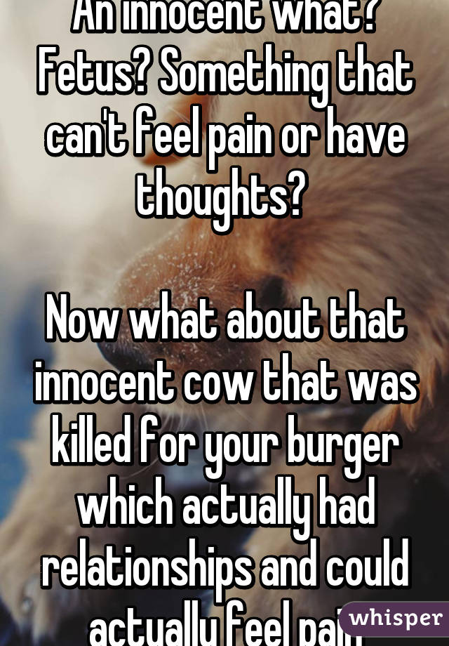 An innocent what? Fetus? Something that can't feel pain or have thoughts? 

Now what about that innocent cow that was killed for your burger which actually had relationships and could actually feel pain