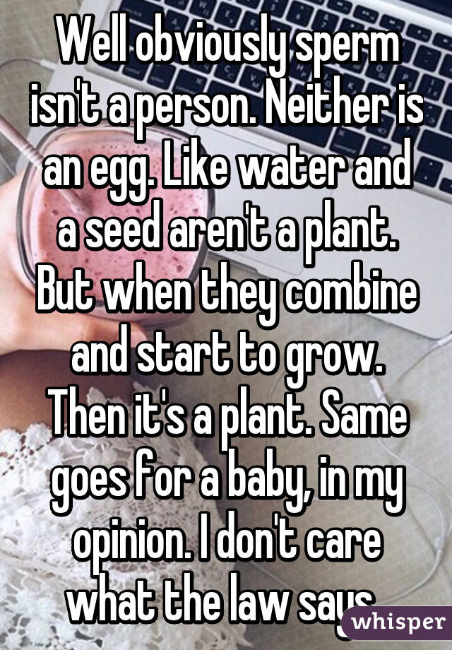 Well obviously sperm isn't a person. Neither is an egg. Like water and a seed aren't a plant. But when they combine and start to grow. Then it's a plant. Same goes for a baby, in my opinion. I don't care what the law says. 