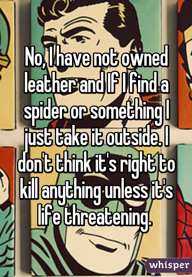 No, I have not owned leather and If I find a spider or something I just take it outside. I don't think it's right to kill anything unless it's life threatening. 