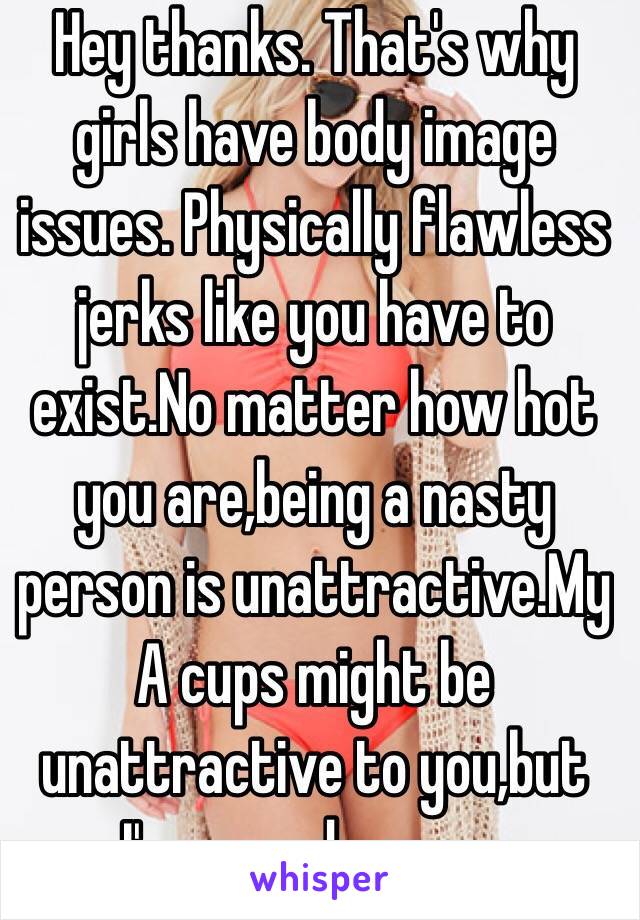 Hey thanks. That's why girls have body image issues. Physically flawless jerks like you have to exist.No matter how hot you are,being a nasty person is unattractive.My A cups might be unattractive to you,but I'm a good person 