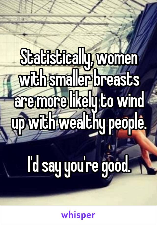 Statistically, women with smaller breasts are more likely to wind up with wealthy people.

I'd say you're good.