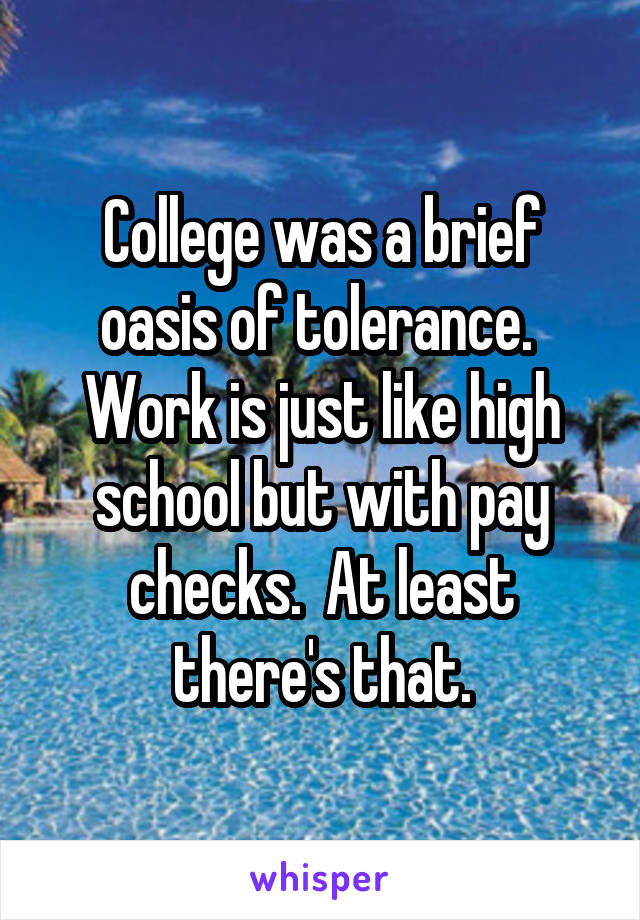 College was a brief oasis of tolerance.  Work is just like high school but with pay checks.  At least there's that.