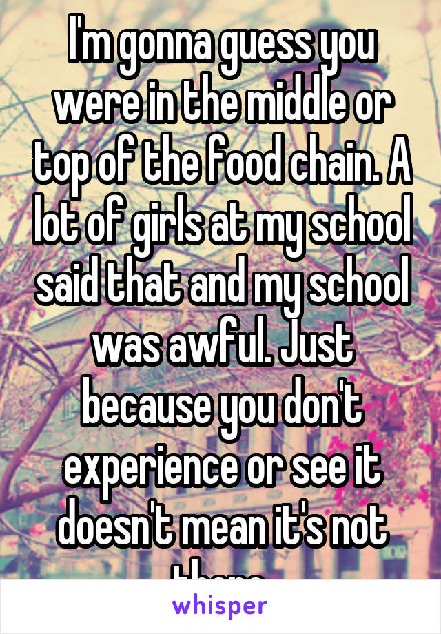 I'm gonna guess you were in the middle or top of the food chain. A lot of girls at my school said that and my school was awful. Just because you don't experience or see it doesn't mean it's not there.